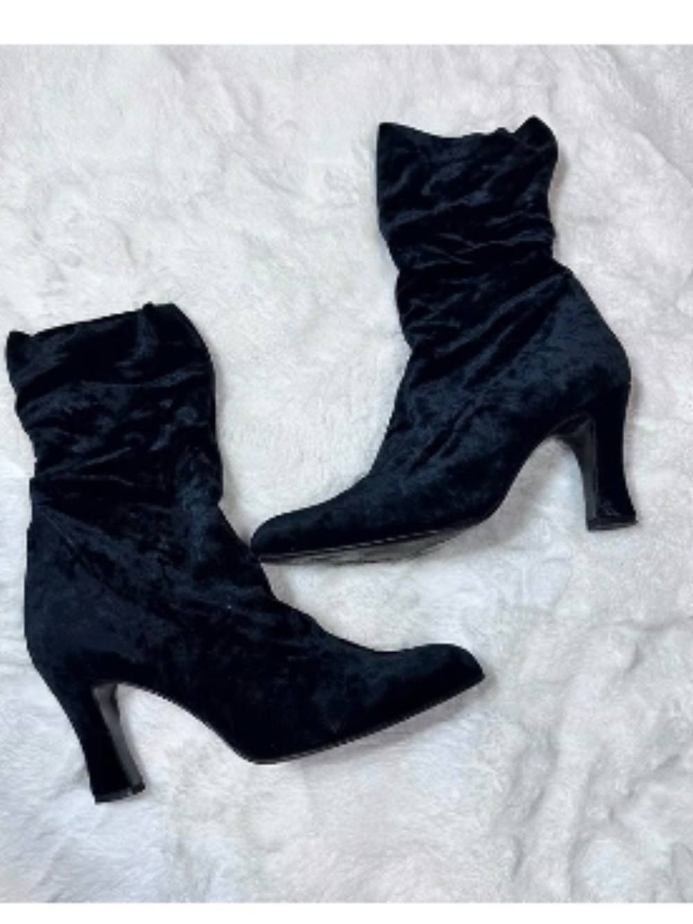 Salvatore Ferragamo Black Velvet Stretch Ankle Pull On Heel Boots